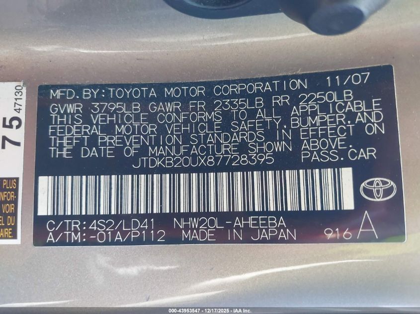 2008 Toyota Prius VIN: JTDKB20UX87728395 Lot: 43953547