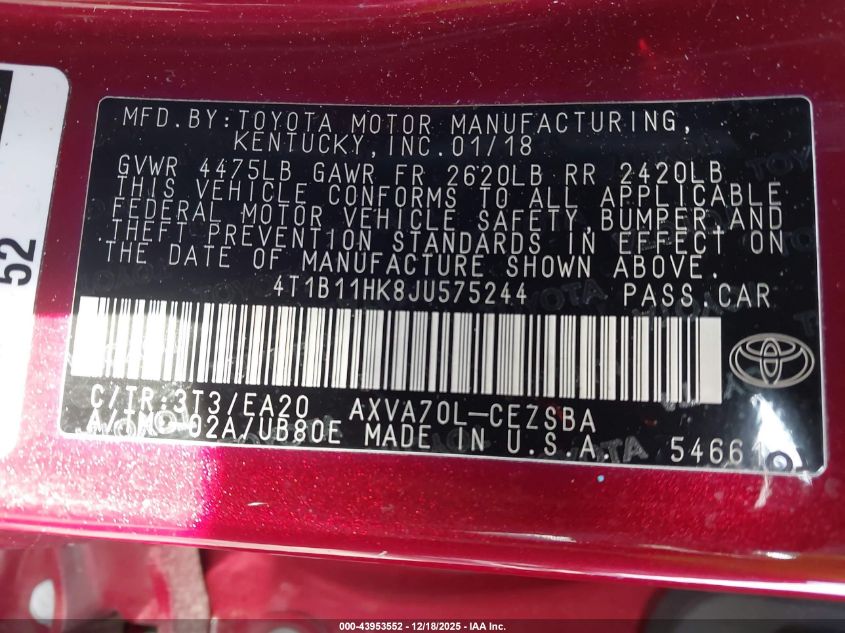 2018 Toyota Camry Se VIN: 4T1B11HK8JU575244 Lot: 43953552