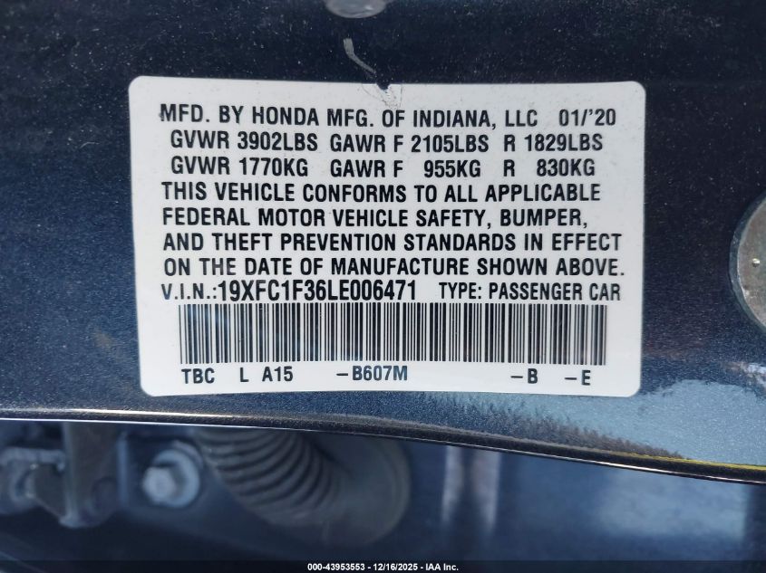 2020 Honda Civic Ex VIN: 19XFC1F36LE006471 Lot: 43953553
