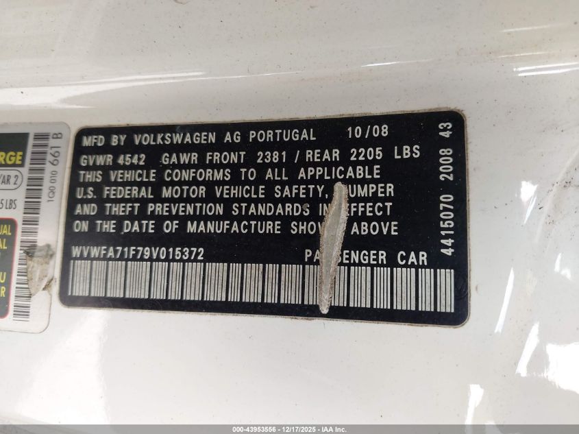 2009 Volkswagen Eos Lux VIN: WVWFA71F79V015372 Lot: 43953556
