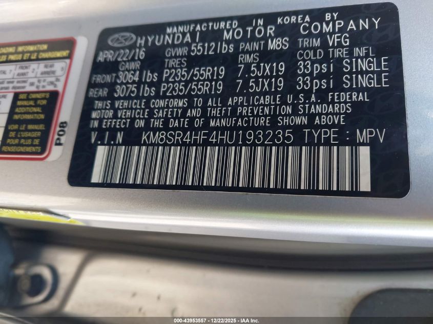 2017 Hyundai Santa Fe Se Ultimate VIN: KM8SR4HF4HU193235 Lot: 43953557