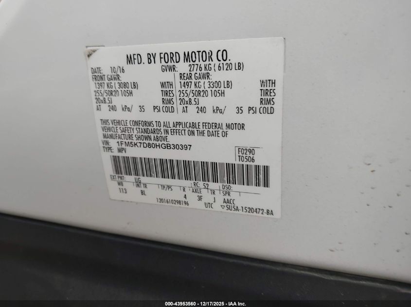 2017 Ford Explorer Xlt VIN: 1FM5K7D80HGB30397 Lot: 43953560