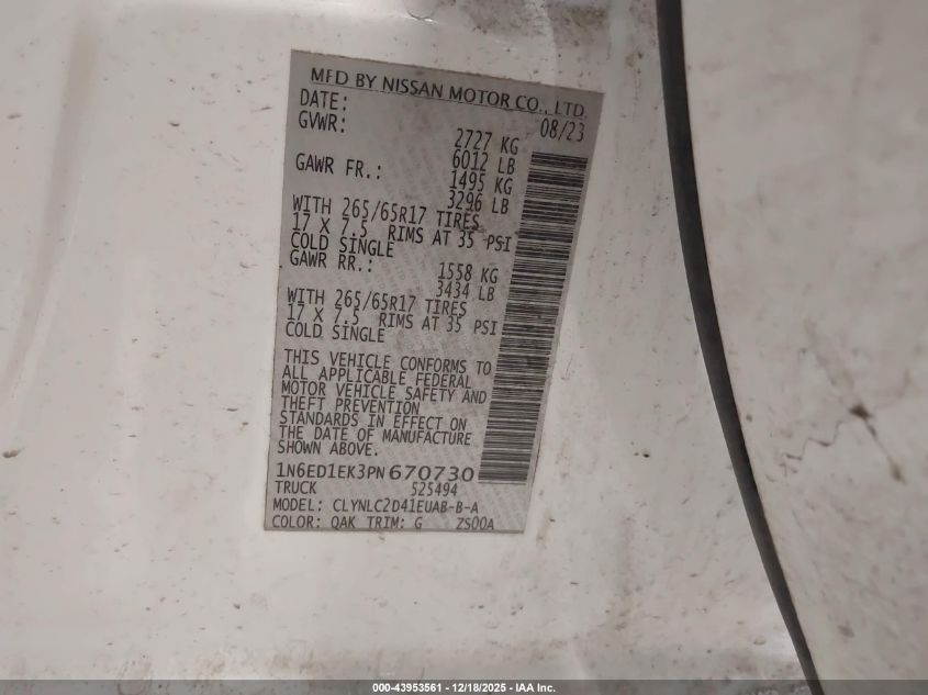 2023 Nissan Frontier Sv 4X4 VIN: 1N6ED1EK3PN670730 Lot: 43953561