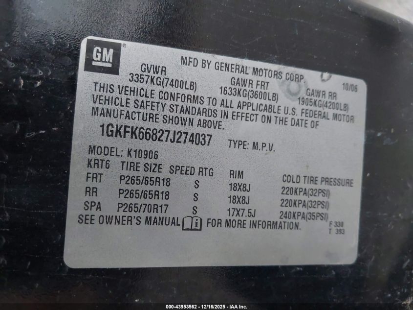 2007 GMC Yukon Xl 1500 Denali VIN: 1GKFK66827J274037 Lot: 43953562