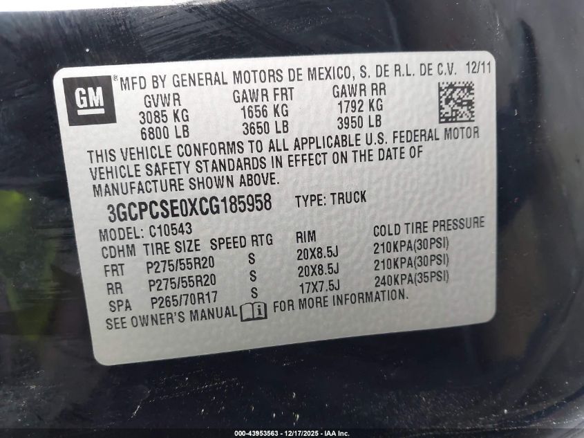 2012 Chevrolet Silverado 1500 Lt VIN: 3GCPCSE0XCG185958 Lot: 43953563