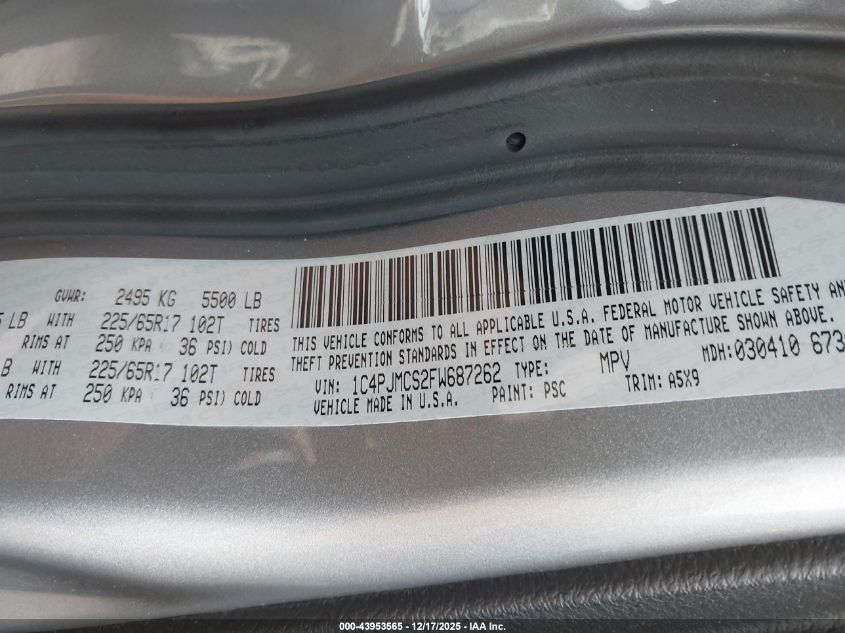 2015 Jeep Cherokee Latitude VIN: 1C4PJMCS2FW687262 Lot: 43953565