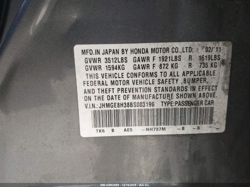 2011 Honda Fit VIN: JHMGE8H38BS003196 Lot: 43953569