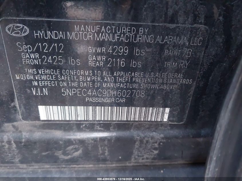 2013 Hyundai Sonata Limited VIN: 5NPEC4AC9DH602708 Lot: 43953576