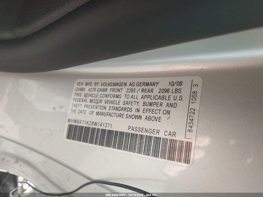 2009 Volkswagen Rabbit S VIN: WVWBA71K29W141371 Lot: 43953580