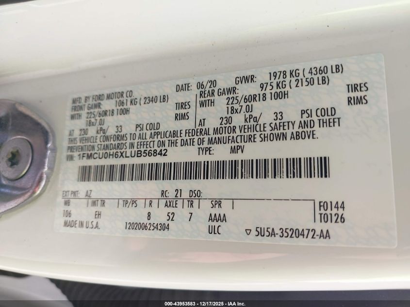 2020 Ford Escape Sel VIN: 1FMCU0H6XLUB56842 Lot: 43953583