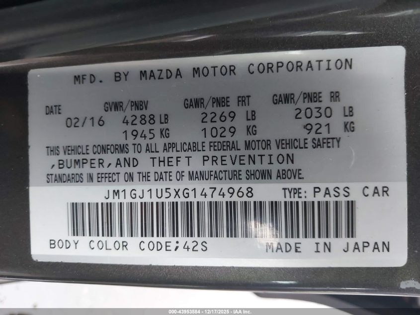 2016 Mazda Mazda6 I Sport VIN: JM1GJ1U5XG1474968 Lot: 43953584