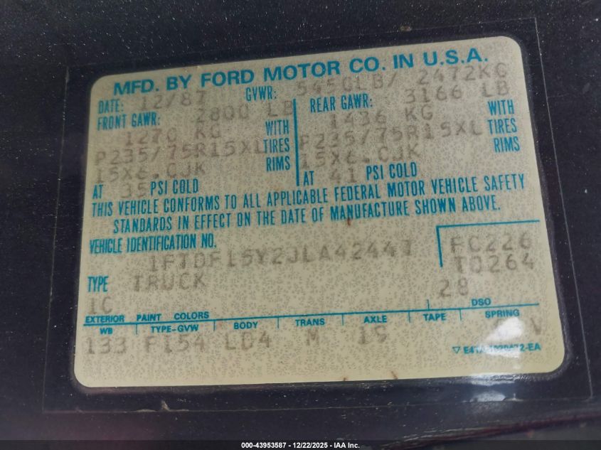 1988 Ford F150 VIN: 1FTDF15Y2JLA42447 Lot: 43953587