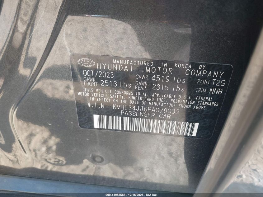 2023 Hyundai Sonata Hybrid Sel VIN: KMHL34JJ6PA079032 Lot: 43953588