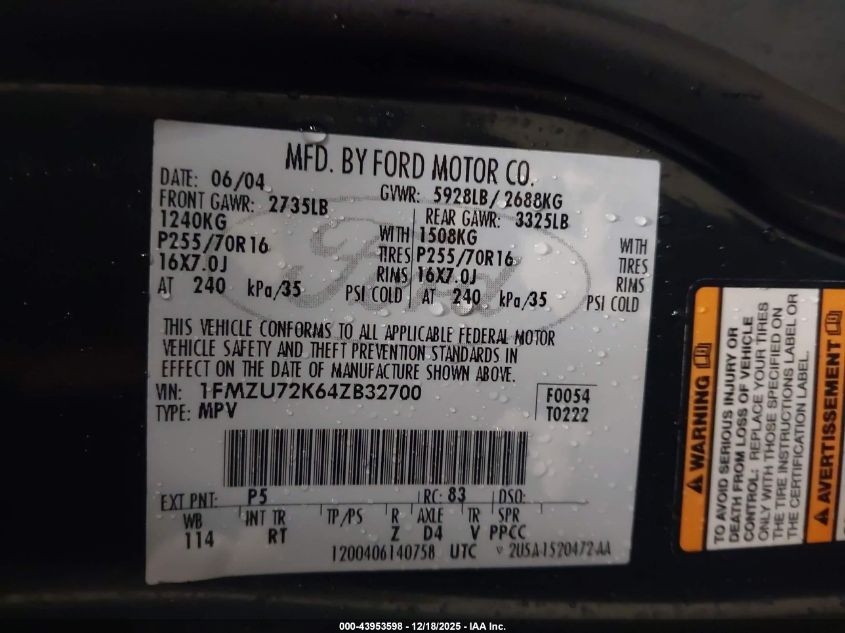 2004 Ford Explorer Xls VIN: 1FMZU72K64ZB32700 Lot: 43953598
