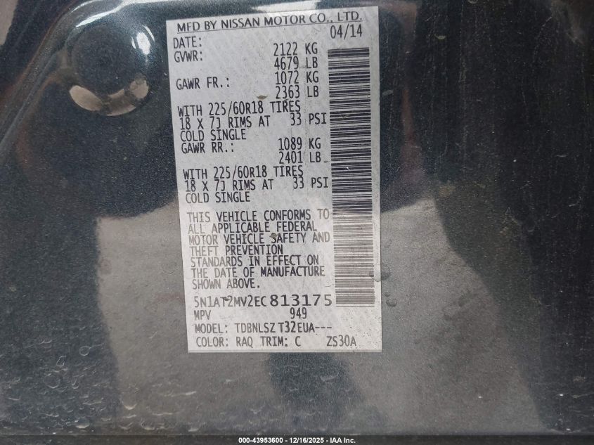 2014 Nissan Rogue Sl VIN: 5N1AT2MV2EC813175 Lot: 43953600