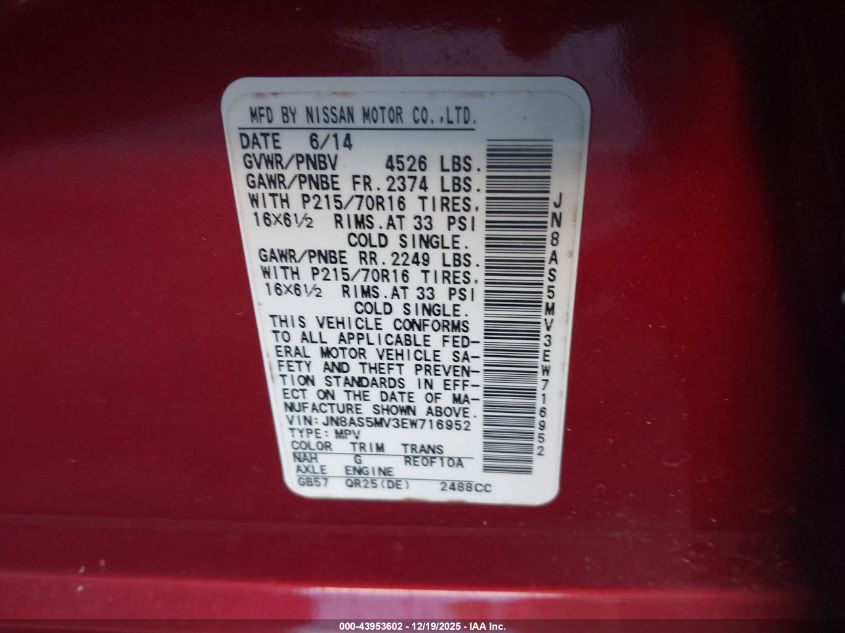 2014 Nissan Rogue Select S VIN: JN8AS5MV3EW716952 Lot: 43953602