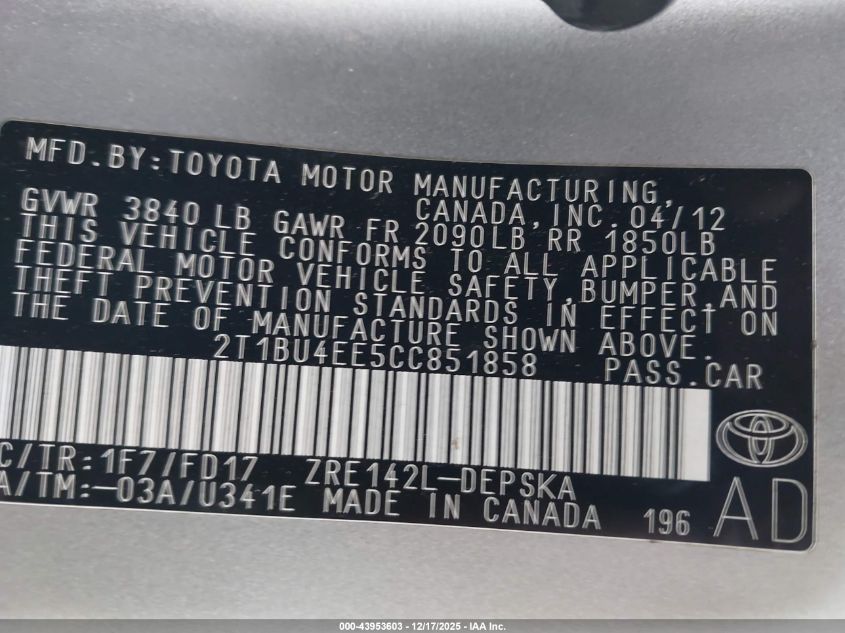 2012 Toyota Corolla S VIN: 2T1BU4EE5CC851858 Lot: 43953603