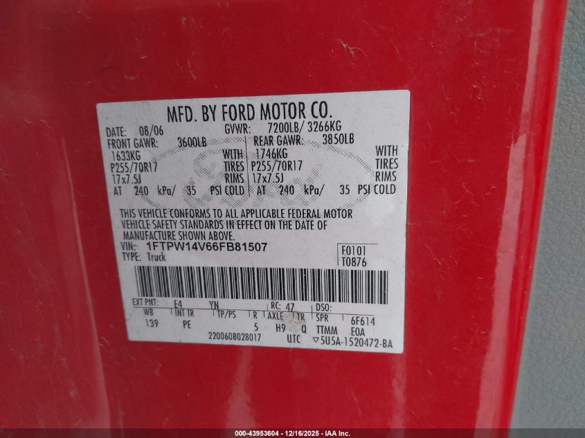 2006 Ford F-150 Fx4/Lariat/Xlt VIN: 1FTPW14V66FB81507 Lot: 43953604