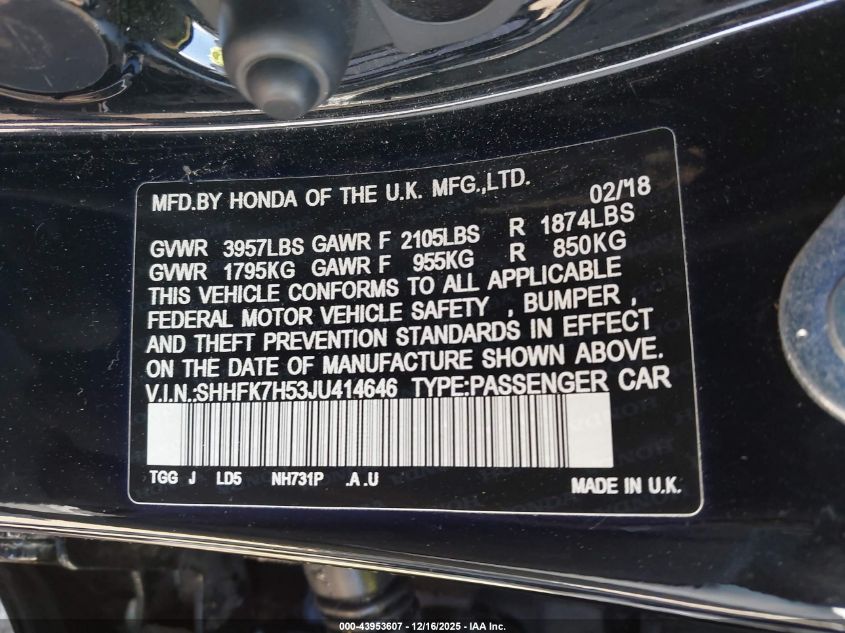 2018 Honda Civic Ex VIN: SHHFK7H53JU414646 Lot: 43953607