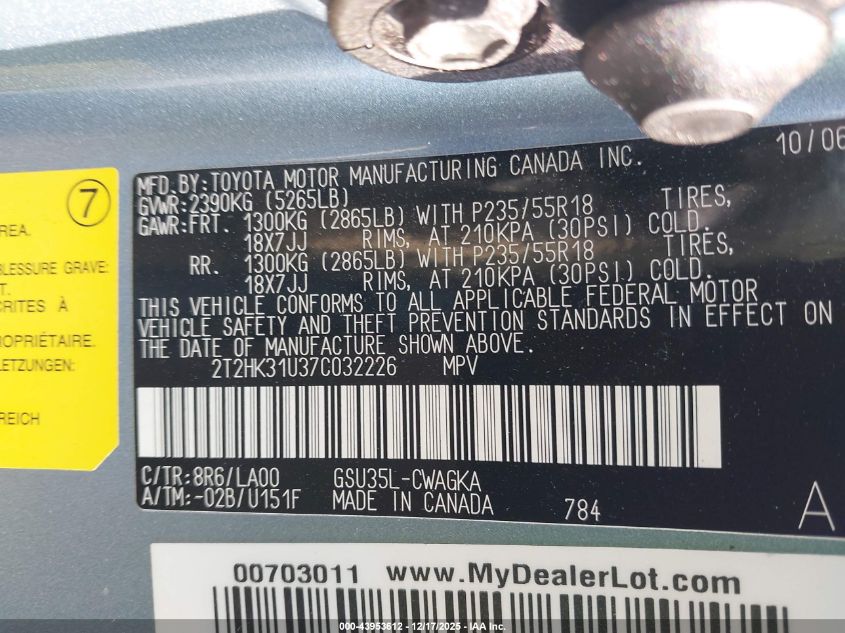 2007 Lexus Rx 350 VIN: 2T2HK31U37C032226 Lot: 43953612