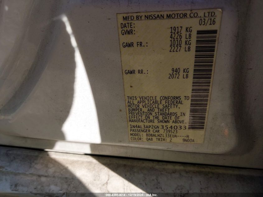 2016 Nissan Altima 2.5 Sr VIN: 1N4AL3AP2GN354033 Lot: 43953614