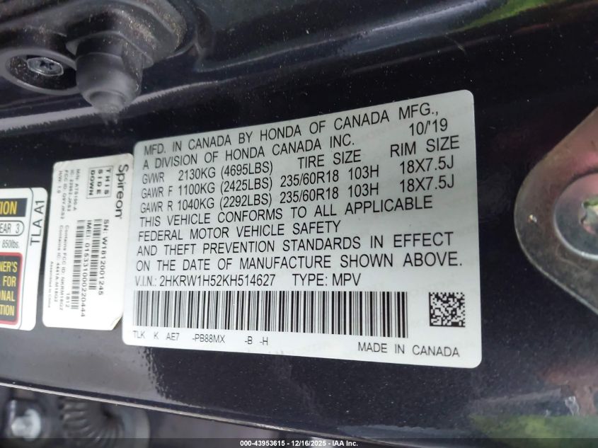 2019 Honda Cr-V Ex VIN: 2HKRW1H52KH514627 Lot: 43953615