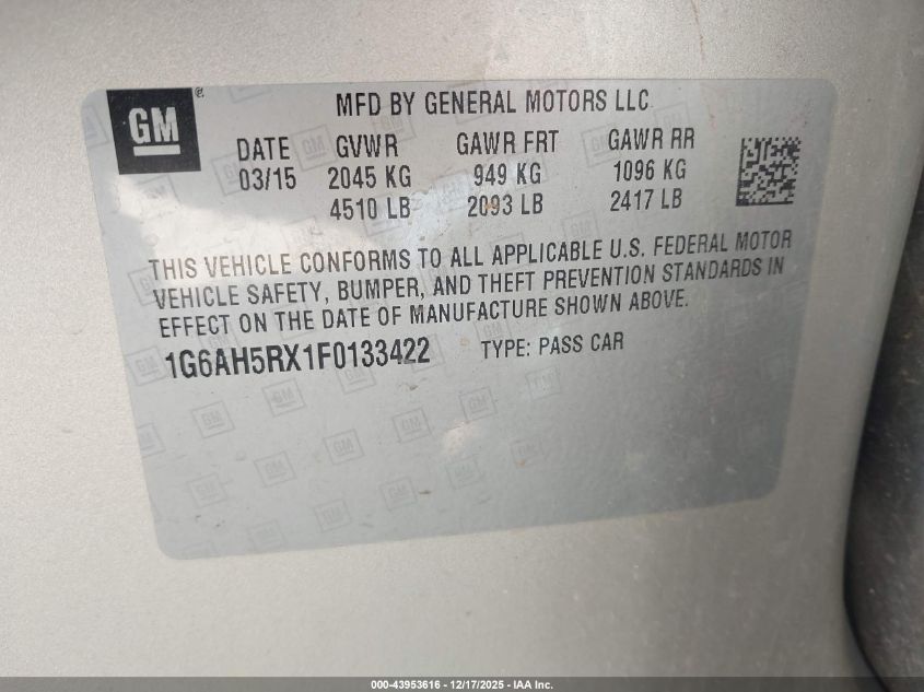 2015 Cadillac Ats Luxury VIN: 1G6AH5RX1F0133422 Lot: 43953616