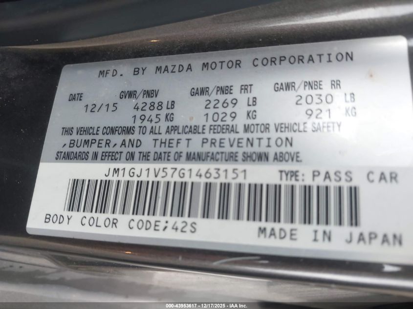 2016 Mazda Mazda6 I Touring VIN: JM1GJ1V57G1463151 Lot: 43953617