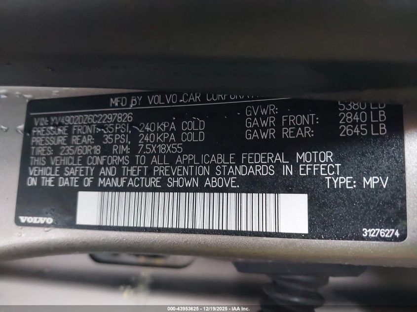 2012 Volvo Xc60 T6/T6 Platinum/T6 Premier Plus/T6 R-Design/T6 R-Design Platinum/T6 R-Design Premier Plus VIN: YV4902DZ6C2297826 Lot: 43953625