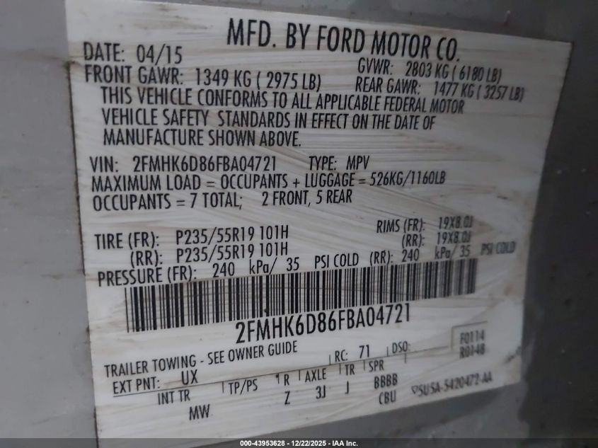 2015 Ford Flex Limited VIN: 2FMHK6D86FBA04721 Lot: 43953628