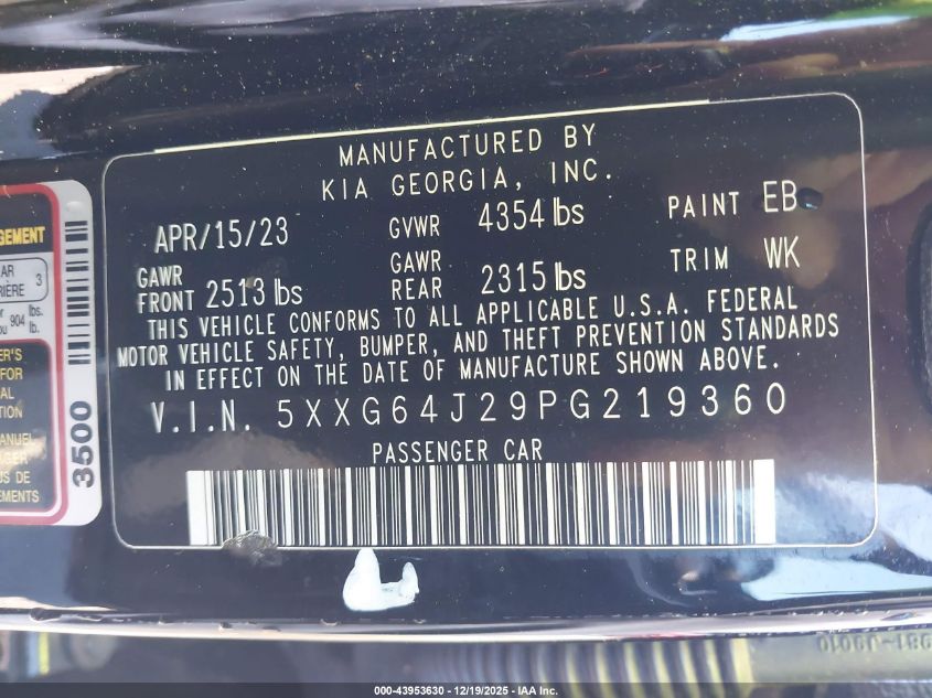 2023 Kia K5 Gt-Line VIN: 5XXG64J29PG219360 Lot: 43953630