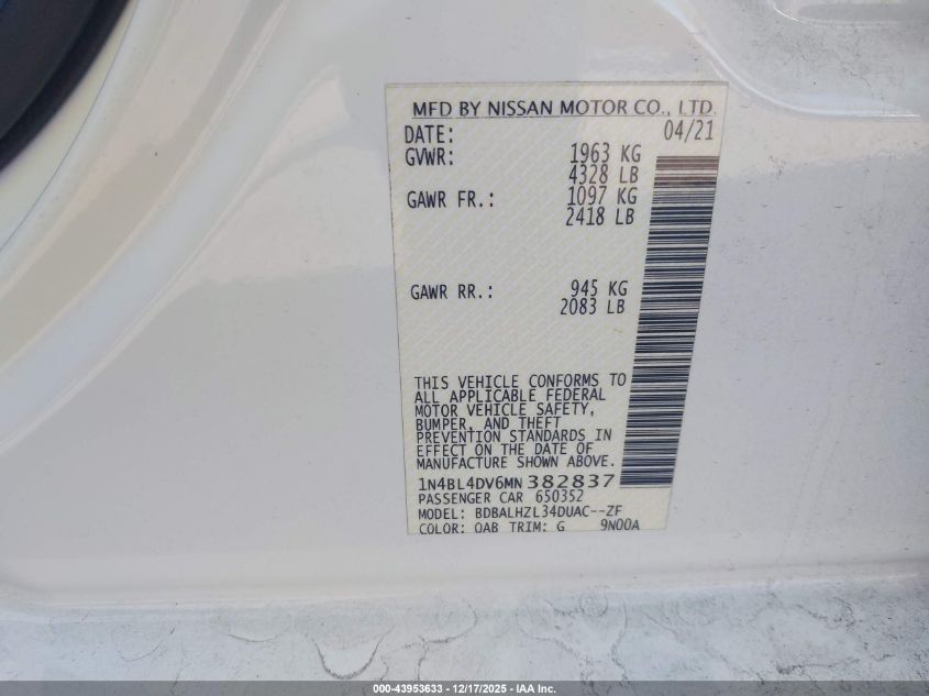 2021 Nissan Altima Sv Fwd VIN: 1N4BL4DV6MN382837 Lot: 43953633