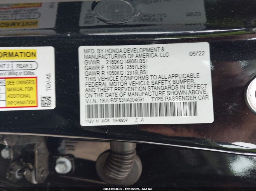 2022 Acura Tlx A-Spec Package VIN: 19UUB5F53NA004591 Lot: 43953636