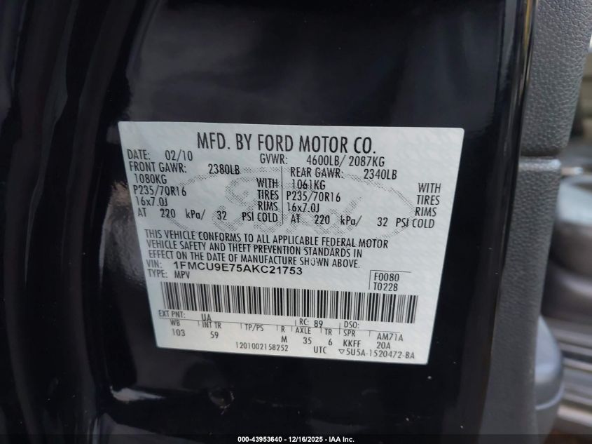 2010 Ford Escape Limited VIN: 1FMCU9E75AKC21753 Lot: 43953640