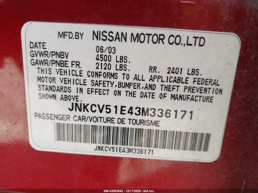 2003 Infiniti G35 Luxury Leather VIN: JNKCV51E43M336171 Lot: 43953642