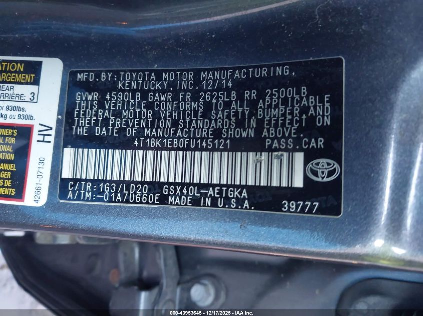 2015 Toyota Avalon Xle VIN: 4T1BK1EB0FU145121 Lot: 43953645