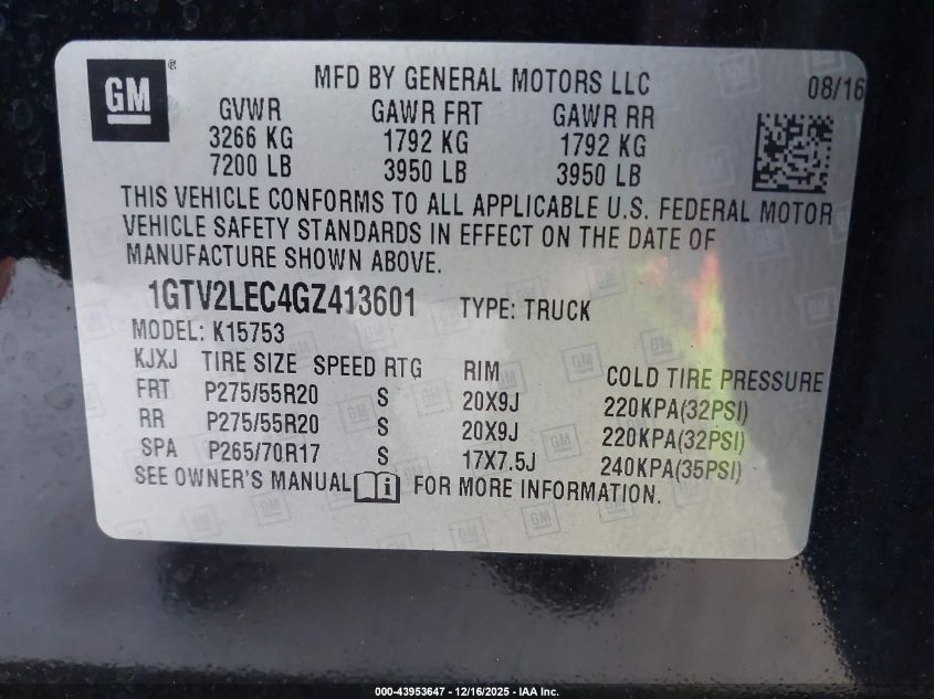 2016 GMC Sierra 1500 VIN: 1GTV2LEC4GZ413601 Lot: 43953647