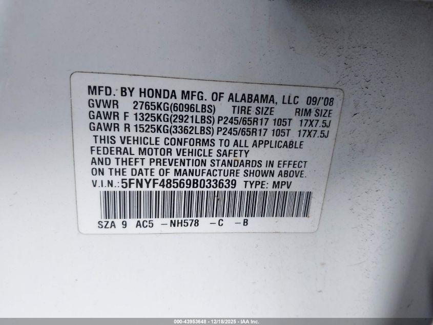 2009 Honda Pilot Ex-L VIN: 5FNYF48569B033639 Lot: 43953648