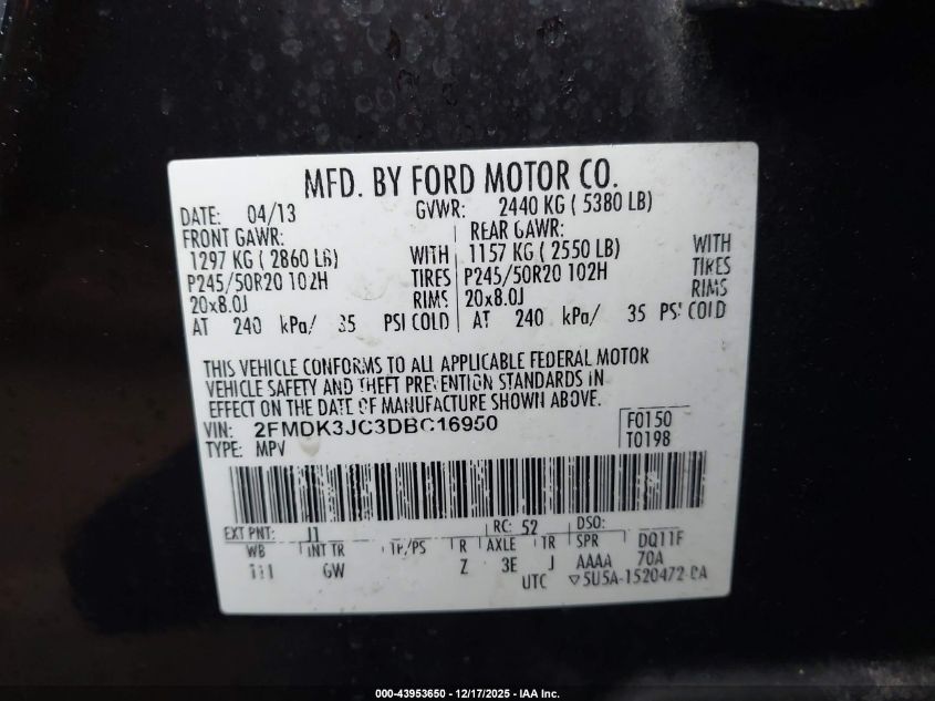2013 Ford Edge Sel VIN: 2FMDK3JC3DBC16950 Lot: 43953650