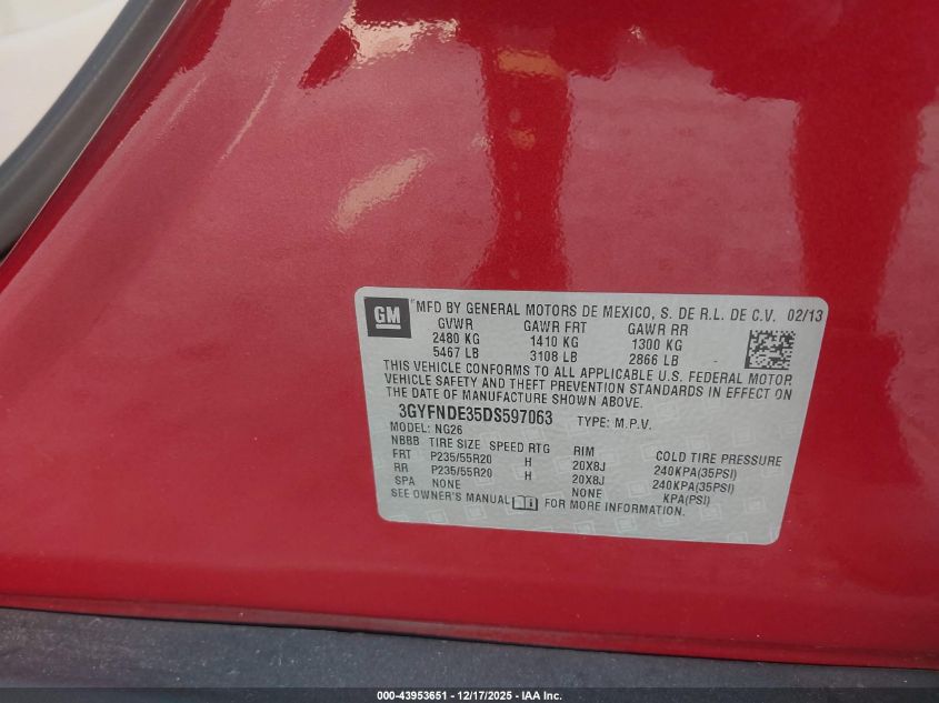 2013 Cadillac Srx Performance Collection VIN: 3GYFNDE35DS597063 Lot: 43953651