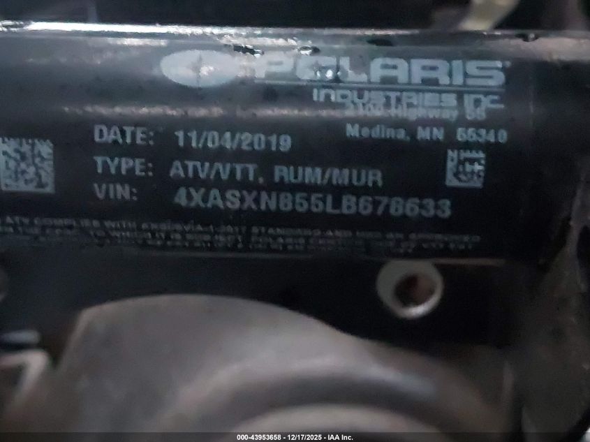 2020 Polaris Sportsman 850 High Lifter Edition VIN: 4XASXN855LB678633 Lot: 43953658