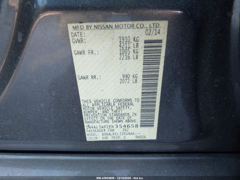 2014 Nissan Altima 2.5/2.5 S/2.5 Sl/2.5 Sv VIN: 1N4AL3AP2EN354658 Lot: 43953659