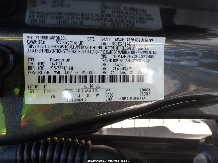 2015 Ford Focus Se VIN: 1FADP3F22FL273459 Lot: 43953663