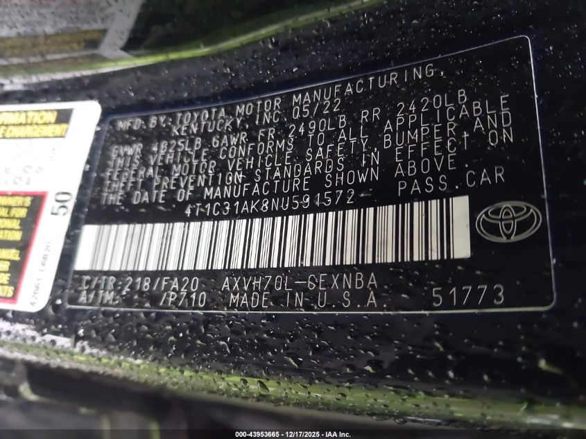 2022 Toyota Camry Le Hybrid VIN: 4T1C31AK8NU591572 Lot: 43953665