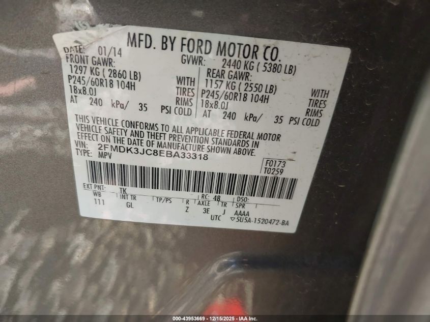 2014 Ford Edge Sel VIN: 2FMDK3JC8EBA33318 Lot: 43953669