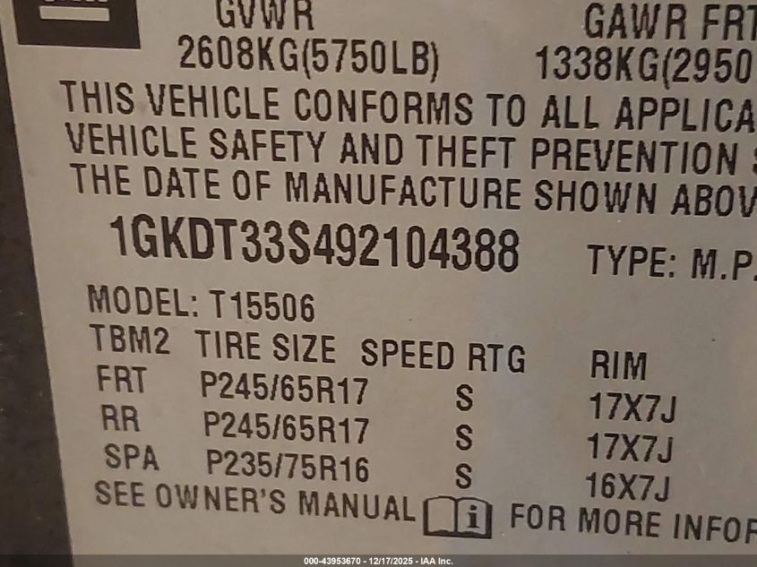 2009 GMC Envoy Sle VIN: 1GKDT33S492104388 Lot: 43953670