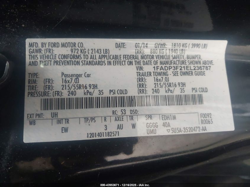 2014 Ford Focus Se VIN: 1FADP3F21EL236787 Lot: 43953671