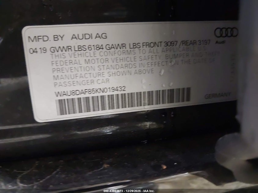 2019 Audi A8 L 55 VIN: WAU8DAF85KN019432 Lot: 43953673