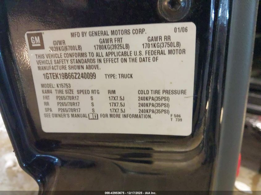 2006 GMC Sierra 1500 Sle1 VIN: 1GTEK19B66Z240099 Lot: 43953675