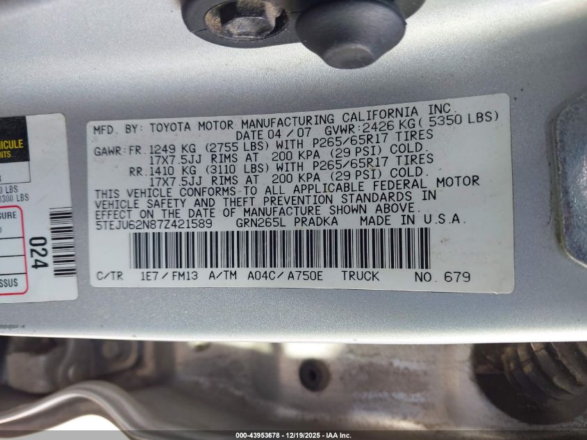 2007 Toyota Tacoma Prerunner V6 VIN: 5TEJU62N87Z421589 Lot: 43953678